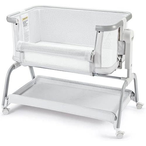 3 in 1 Baby Bassinet,Rocking Bassinets Bedside Sleeper with 6 Adjustable Heights,Breathable Full-Mesh,Comfortable Mattress & Lockable Wheels,Stable Rolling Portable Crib for Newborns(Gray) | Breathable Full Mesh, V-Shaped Structure