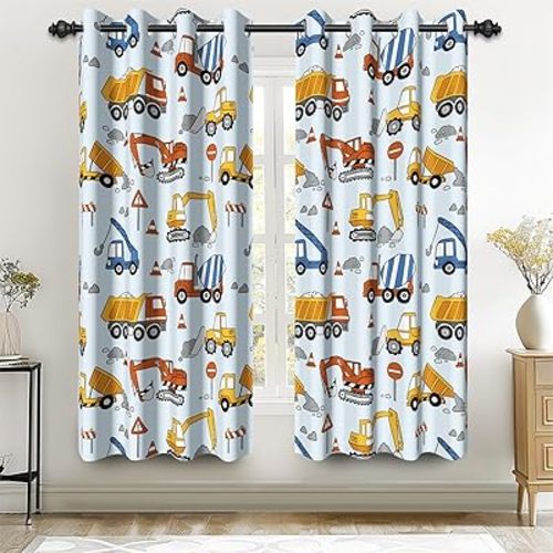 Renaiss 42 x 63 Inch Excavator Blackout Curtains for Boys Kids Room Grommet Curtains Bulldozer Tractor Truck Car Toddler Cartoon Polyester Window Drapery Treatment for Bedroom Living Room 2 Panels