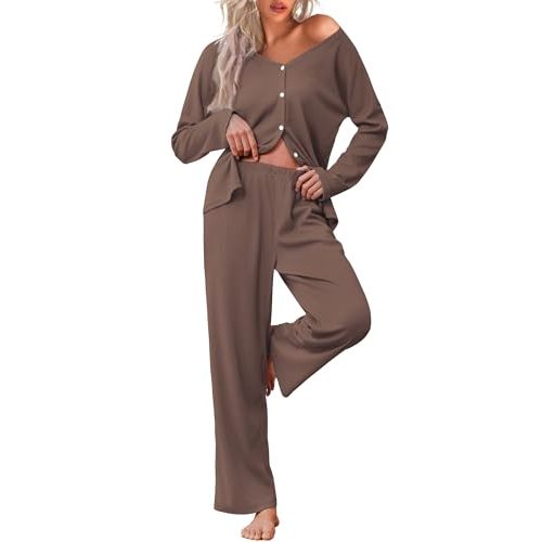 Ekouaer Womens Waffle Knit Pajamas Long Sleeve Lounge Set Button Up Pjs Loungewear with Pockets