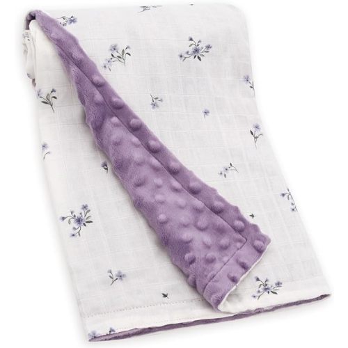 LifeTree Baby Blankets for Boys Girls, Soft Double Layer Swaddle Blankets, Muslin Front and Dotted Fleece Backing Receiving Bed Throw Blanket for Newborn Unisex, 31X40 Inches, Purple Flower