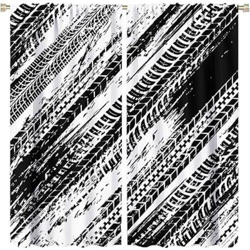 Tire Tracks Curtains Abstract Dirt Bike Tire Marks Black White Art Print for Boys Bedroom Bathroom Decor Rod Pocket Blackout Window Drapes 2 Panels 42x45in