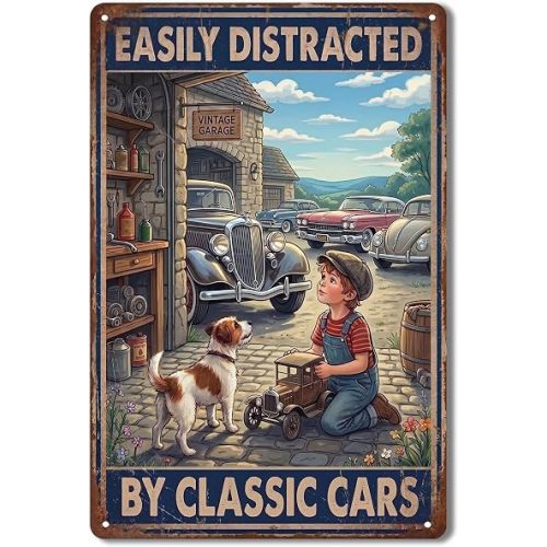 Distracted by Classic Cars Sign, Vintage Metal Tin Sign Car Guy Gifts for Men Dad Boys, Funny Garage Wall Decor Man Cave Art, 8x12 Inch