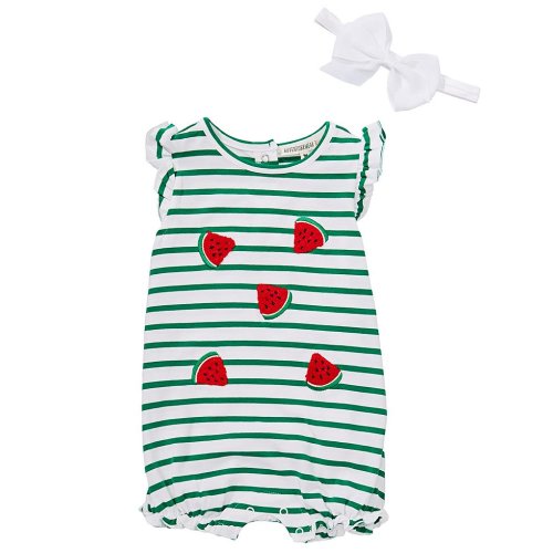 Adventurewear 360 Baby Girls Flutter Sleeve Watermelon Embroidery Striped Bubble Romper