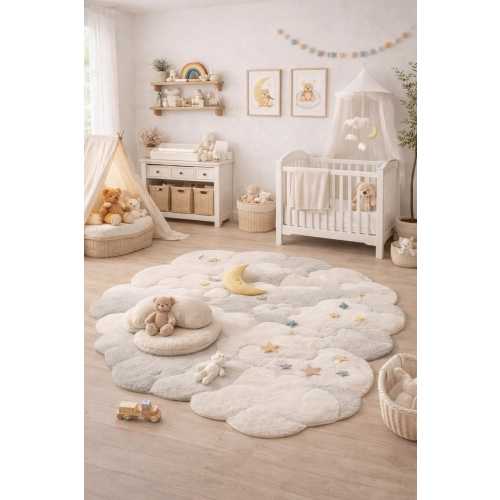 Cloud Shape Kids Nursery Rug Soft Baby Playroom Carpet Neutral Moon Star Decor