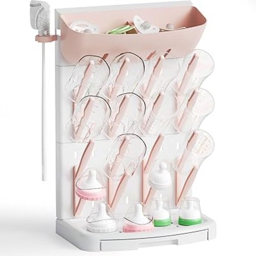 SuoXing Vertical Baby Bottle Drying Rack with Brush- Hold 16 Bottles - Large Breast Pump,Bottle Dryer Rack for Kitchen Countertop,Space Saving Bottle Stand Holder for Pacifiers,Pump Accessories,Pink