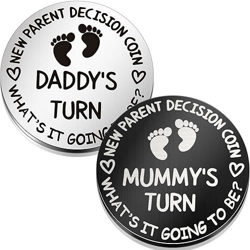 Hicarer 2 Pieces Fun New Parents Decision Coin Double Sided Decision Making Coin New Baby Pregnancy Gift for First Time Mommy Daddy Push Present for Christmas Thanksgiving Sliver and Black
