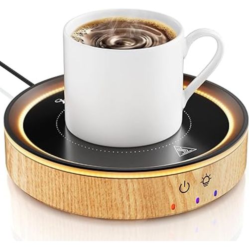 36W Mug Warmer, 3 Temperature Settings, Auto Shut Off (2-12H), Max 176°F, Wood Grain Design with Ambient Light,Ideal Gift for Home & Office (Wood Grain)