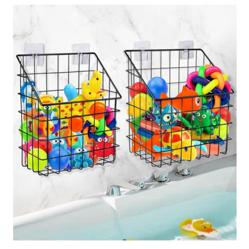 2 Pack Bath Toy Storage Organizer Basket, Large Metal Bathtub Toy Holder, Wall Mounted Hanging Shower Basket, Bath Toy Organizer For Bathtub for Easy Access and Sorting Toys/Clothes/Toiletries