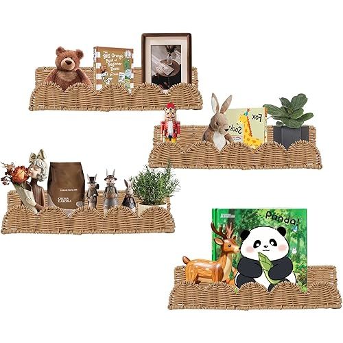 4 Pcs Rattan Scalloped Floating Bookshelves Nursery Book Shelves Mounted Decor Nursery Rooms Hanging Wicker Boho Book Shelf for Wall (Classic,15.8 Inch)