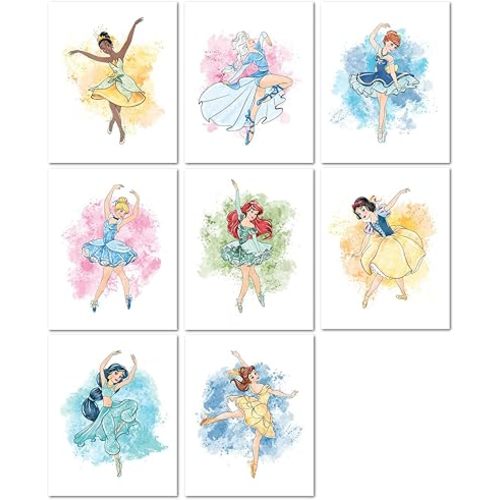 Nistio® Disney Princess Ballerina Wall Art Prints, Princess Playroom Decor, Elsa, Cinderella, Ariel, Snow White, Belle, Jasmine, Princess Anna, Tiana, Set of 8, 8x10 inches (Unframed)