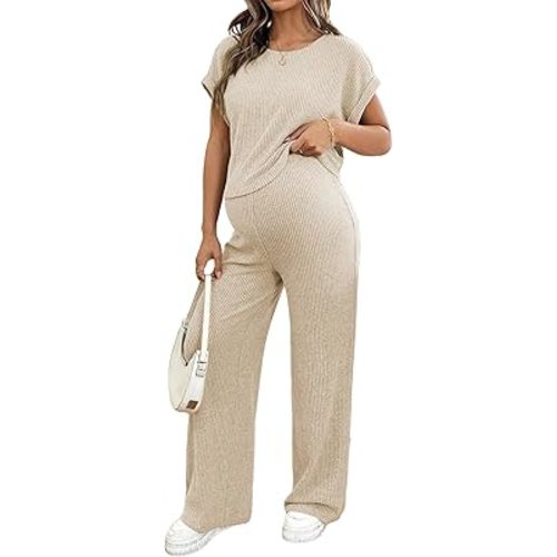 BLENCOT Maternity Clothes Ribbed Short Sleeve Maternity Pajamas Sets Sleepwear Lounge 2 Piece Matching Outfits Set
