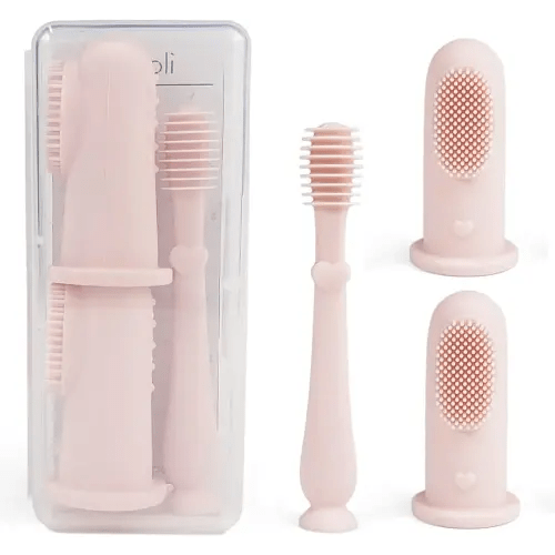 Ali+Oli Baby Oral Care Set (Blush) - Dual-Sided Finger Toothbrush x2, Tongue Scraper, Protective Case - BPA, Phthalate, PVC Free - Food-Grade Baby Care Products for Infants