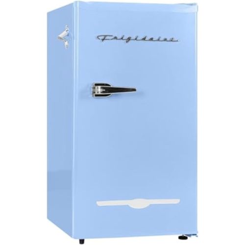 Frigidaire Retro Compact Fridge with Chiller, 3.2 cu ft Countertop Fridge with Built-In Bottle Opener, Compact Refrigerator for Office, Bedroom, Dorm Room or Cabin - 16.5" D x 19" W x 31" H (Blue)