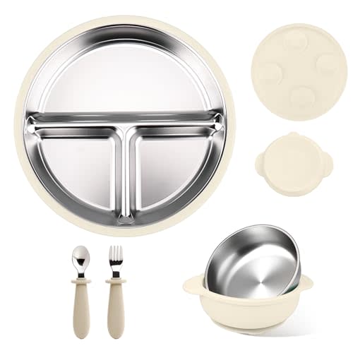 Mity rain Stainless Steel & Silicone Toddler Plates and Bowls Set with Suction,5-Piece Suction Plates & Bowls for Toddler,Removable Shell,Silicones Baby Plates for Independent Eating(Beige)