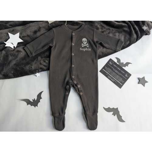 Personalised Skull Baby Sleepsuit | Gothic Name Nightwear | Alternative Newborn Goth Gift