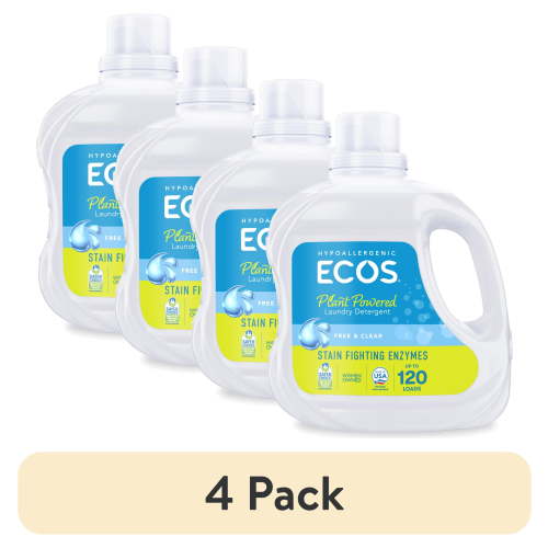 (4 pack) ECOS Plus Liquid Laundry Detergent with Stain-Fighting Enzymes, Free & Clear, 120 Loads, 110oz