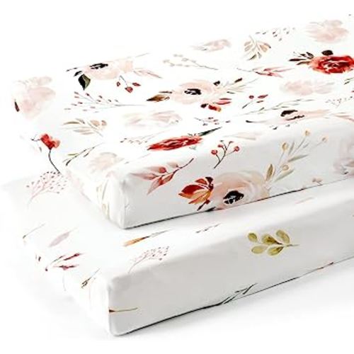 GRSSDER Stretch Ultra Soft Jersey Knit Changing Pad Cover Set 2 Pack, Change Table Pad Covers Fit 32"/34" x 16" Pads Safe and Snug, Pretty Watercolor Rose Flora for Baby Girls, Orange Pink