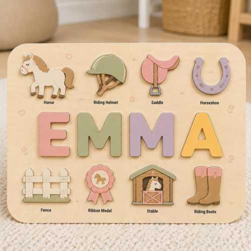 Personalized Wooden Name Puzzle for Kids, Horse Theme Montessori Toy, Custom Baby Girl Gift, Equestrian Nursery Decor, First Birthday Gift