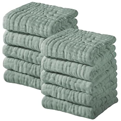 Yoofoss Muslin Baby Washcloths 100% Organic Cotton Face Towels 10 Pack Wash Cloths for Baby 12x12in Soft and Absorbent Baby Wipes (Dark Green)