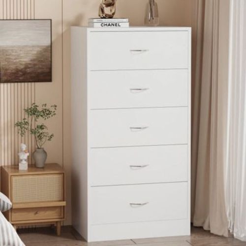 SUGIFT 5 Drawer White Wood Dresser Storage Chest with Metal Handles