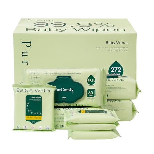 PurComfy Baby Wipes Unscented, 4 Flip-Top Packs + 4 Travel Pack Baby Wipes with Plant Based, Hypoallergenic for Sensitive Newborn Skin, Total 272 Count Wipes