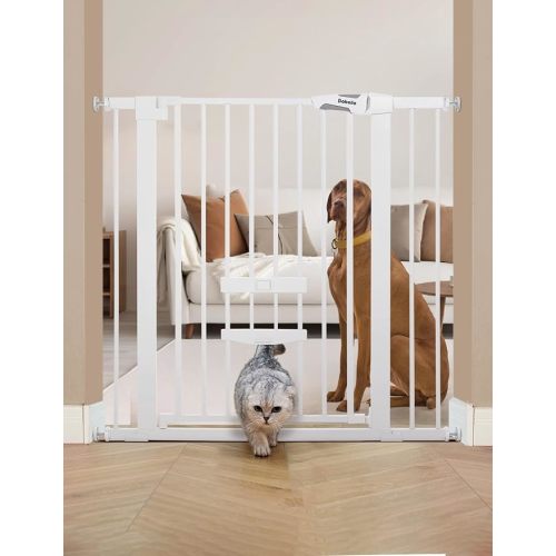 BABELIO 36 Inch Extra Tall Baby Gate with Cat Door, 29-40" Metal Dog Gate, Cat Gate for Stairs, Doorways, Auto Close Safety Gate with Pet Door, Easy Walk Thru, White