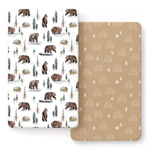 GRSSDER Stretchy Crib Sheets 2 Pack for Baby, Ultra Soft Jersey Knit Crib Fitted Sheets with Deep Pocket, Universal Fits All Standard Crib Mattress Pads Safe and Snug, Jungle Bear/Rainbow