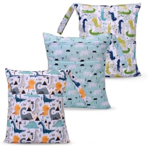3pcs Cloth Diaper Wet Dry Bags Waterproof Reusable with Two Zippered Pockets Travel Beach Pool Daycare Soiled Baby Items Yoga Gym Bag for Swimsuits or Wet Clothes (Dinosaur,Polar bear)