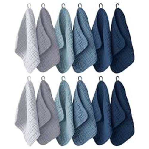 12 Pack Muslin Washcloths for Baby - 100% Cotton Baby Wash Cloths for or Baby Face Body Comfy and Soft for Newborn Infants Kids Girls and Boys - 12"x12" - Slate, Grey and Navy Series