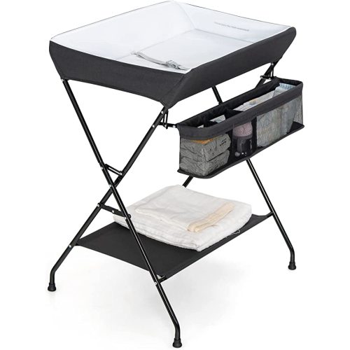 Costzon Changing Table, Portable Baby Changing Table Foldable Diaper Changing Station with Safety Belt, Large Storage Rack & Shelf, Nursery Organizer for Newborn Infant (Black)