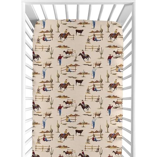 Sweet Jojo Designs Wild West Boy Jersey Stretch Knit Baby Fitted Crib Sheet for Soft Toddler Bed Nursery - Red, Blue, Tan Western Cowboy Southern Country Horse
