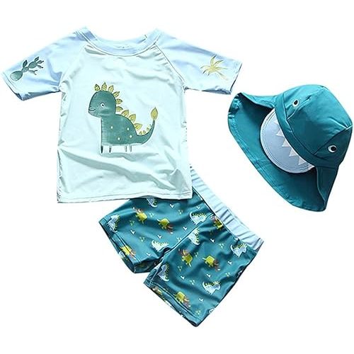 Baby Toddler Boys Two Pieces Swimsuit Set Swimwear Dinosaur Bathing Suit Rash Guards with Hat UPF 50+
