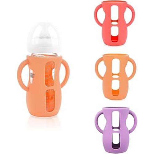 3-Pack Avent Glass Bottle Silicone Sleeve with Handles, BPA-Free Drop-Resistant Baby Bottle Sleeves, Compatible with Philips Avent Natural Glass Baby Bottles (Pink+Orange+Purple, 240ml)