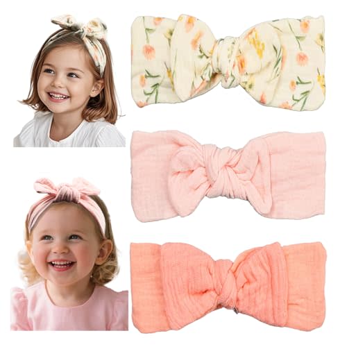 Baby Girl Muslin Cotton Hair Bow Headband, Top Knotted Floral and Solid Headwrap for Newborns, Infants, Toddlers (CJpinkset)