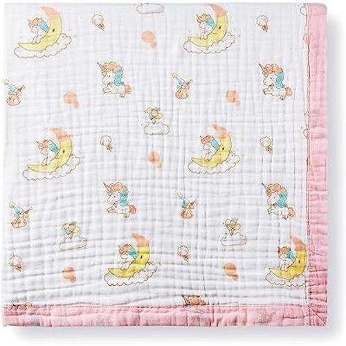 Jay & Ava Soft Cotton Muslin Blanket, 42' x 42', 4 Layers Bed Throw for Toddler, Large Baby Receiving Blanket - Pink Moon Unicorn