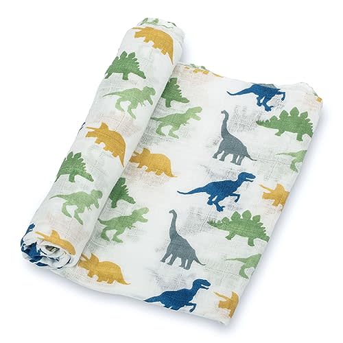 LollyBanks Muslin Swaddle Blankets, 100% Cotton Newborn Blanket for Boys and Girls, Large 47 x 47 Inches Lightweight and Breathable Baby Swaddle Blanket, Baby Essentials, Registry (Dinosaur Theme)