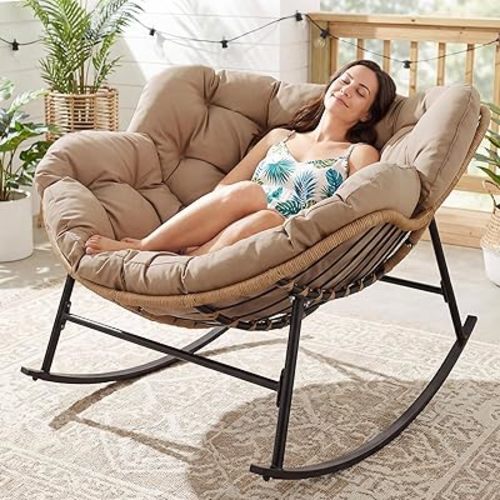 RADIATA Rocking Papasan Chair Outdoor with Cushion, Oversized Extra Large Padded Patio Lounge Chairs, Deep Wide Royal Rocking Chair with 450 lbs Capacity for Backyard, Outside, Garden, Lawn, Brown
