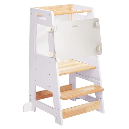 HARPPA Nordo Toddler Tower with Chalkboard,Kitchen Learning Helper, White | Toddler Step Stool, Removable Protection Net,Anti-Slip Strips,Safety Rail,3 Height Adjustable,ASTM Tested