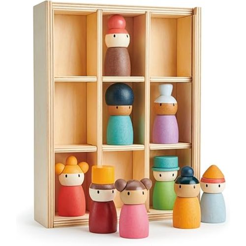 Tender Leaf Toys - Happy Folk Hotel - 9 Pcs Wooden Diversity Peg Dolls Open-Ended Toys - Montessori People Figures Play Set - Age 3+