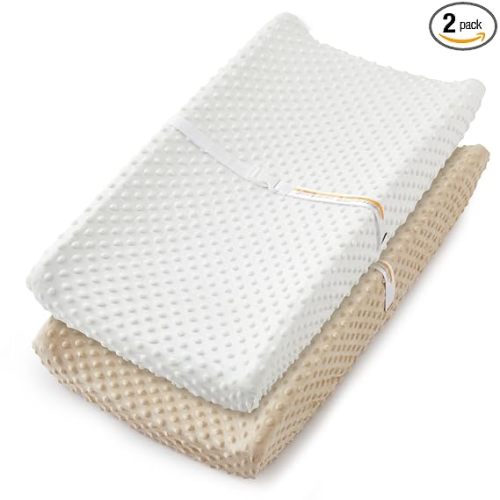 Homiest 2 Pack Changing Pad Cover, White + Beige Changing Table Sheets, Ultra Soft Fleece Minky Dot Fabric, Breathable Comfortable Diaper Pad Cover for Girls and Boys, Machine Washable