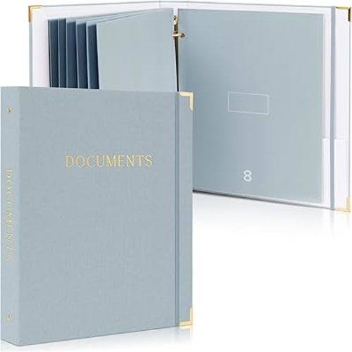 Aesthetic Document Organizer - Sturdy Linen 3-Ring Binder Safely Stores All Your Important Documents and Files in One Place - Easy to Use Expanding Storage Folder Incl. Envelopes, Pockets & Labels