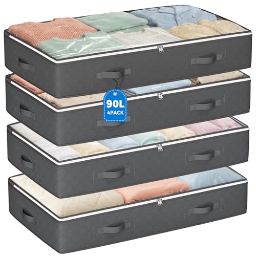 Budding Joy 90L Under Bed Storage Containers, Closet Organizers and Storage Bins, Foldable Underbed Storage Bags for Linen Sheets, Blanket, Clothing, Comforter, Sweaters, Pillows, Wrapping Paper, Grey