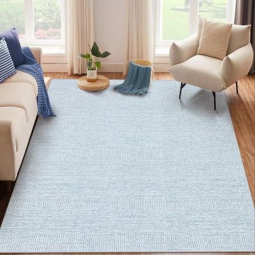 Washable Area Rugs 5x7 for Bedroom Living Room, Low Pile Solid Color Thin Rug Non Slip Kitchen Carpet Indoor for Home Decor, Blue