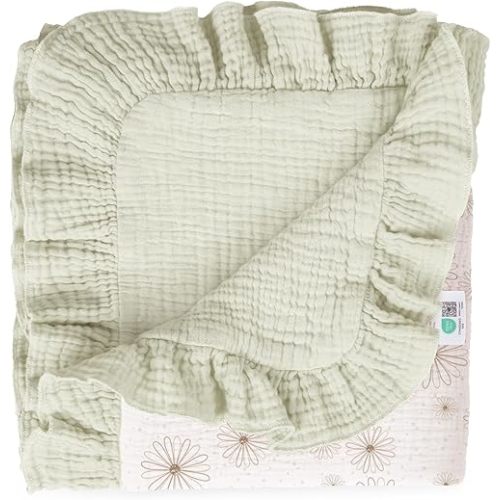 lulumoon Ruffle Muslin Baby Blanket: Soft Breathable Cotton Crib Blanket for Newborn Girls - Lightweight Receiving Wrap for Stroller & Photography Backdrop 40"x36"(Daisy)