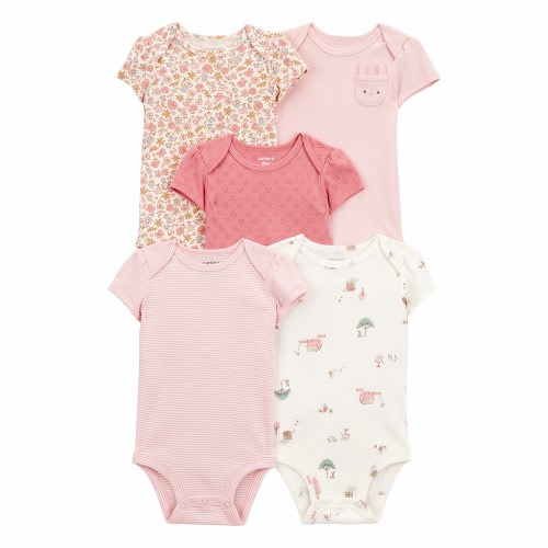 5-Pack Floral Bunny Short Sleeve Cotton Bodysuits - Baby Girl