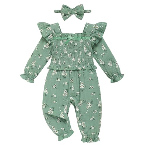 GRNSHTS Baby Girl Floral Romper Smocked Jumpsuit Fall Winter Outfits | Smocked Newborn Girl Clothes Long Sleeve Jumpsuit With Headband Cute Infant Clothing Coming Home Wear For 0-18M Baby