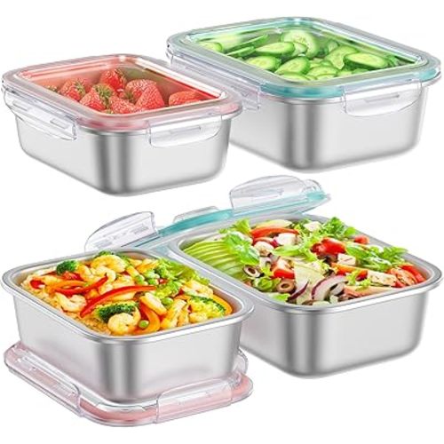 (4 pack) Stainless Steel Containers Set — Microwave/Dishwasher Safe (41oz & 24oz)
