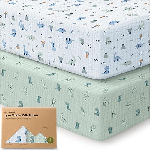 KeaBabies 2-Pack Muslin Crib Sheets for Boys, Girls - 100% Organic Cotton Fitted Baby Crib Mattress Sheet, Soft Breathable Standard Toddler Bed Cover Bedding Set, Neutral, Durable 52x28 (Dino Park)