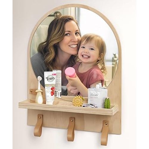 Nursery Mirror, Boho Circle Mirror Wall Mount Natural Wood Shelf Hanging Arch Modern Wall Decor for Nursery Living Room Entryway Hallway Bathroom, 14x18 Inch