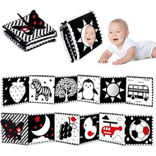 Baby Toys: Black and White High Contrast Tummy-Time Toys with Mirror, Soft Cloth Book for Newborns to 6 Months, Brain Development Gift